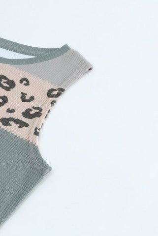 Waffle Knit Leopard Tank Top - Green and Taupe