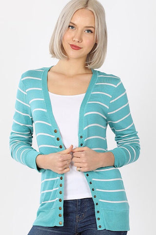 Snap Up Cardigan - Striped Teal