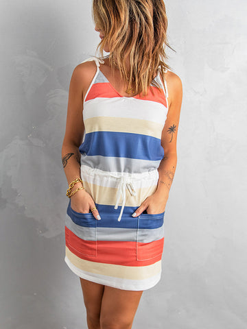 Weekend Vibes Striped Dress - Blue, Rust, and Tan