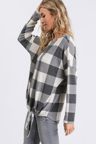 Ivory and Black  Buffalo Plaid Tie Top