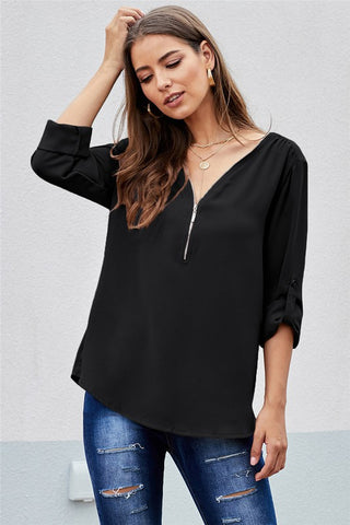 3/4 Sleeve Zip Up Top - Black