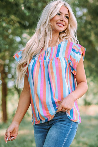 Linen Colorful Striped Ruffle Sleeve Top - Bright