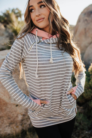 Striped Pink and Gray Cowl Neck Hoodie
