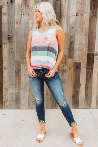 Striped Tank Top with Sequined Pocket