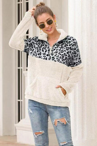 Leopard Print Pullover Fleece - Gray and White