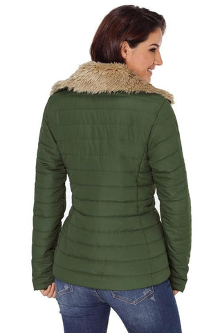 Faux Fur Collar Jacket - Olive Green