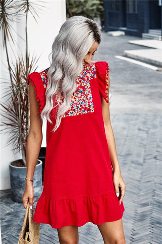 Embroidered Shift Dress with Pom Poms - Red