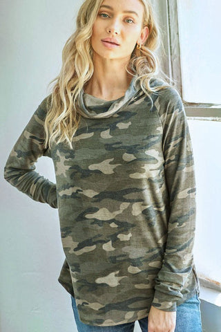 Camo Cowl Neck Top