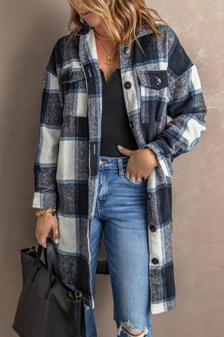 Shirt Collar Plaid Jacket - Blue