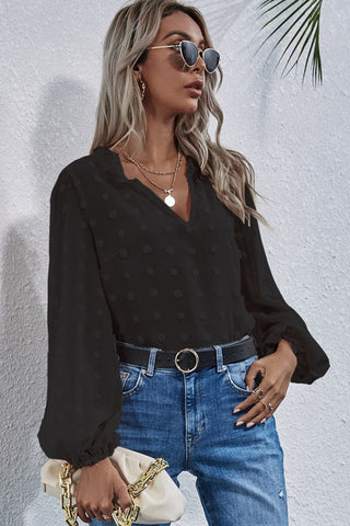 Swiss Dot Lantern Sleeve Top - Black