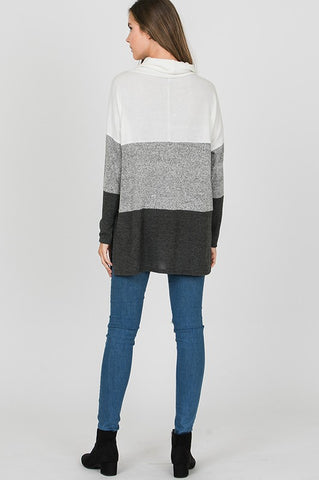 Cozy Cowl Neck Color Block Top - White and Charcoal