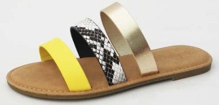 Triple Strap Colorful Summer Sandals - Yellow, Gold, and Snake