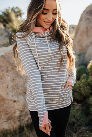 Striped Pink and Gray Cowl Neck Hoodie