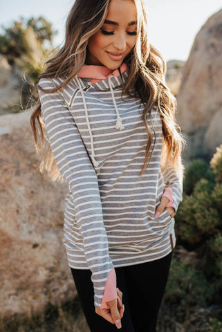 Striped Pink and Gray Cowl Neck Hoodie