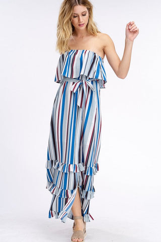 South of the Border Strapless Striped Maxi Dress - Gray Mix