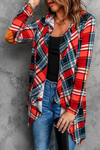 Plaid Hooded Cardigan with Elbow Patches