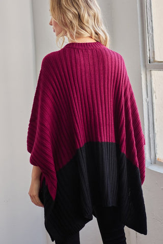 Sweater Poncho with Pockets - Wine and Black