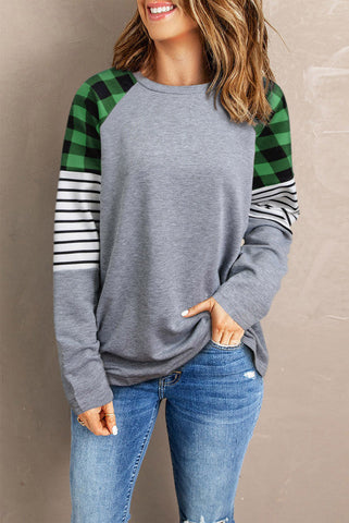 Light Gray Buffalo Plaid and Striped Top - Green