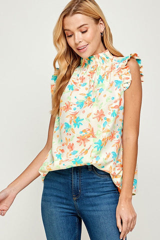 Ruffle Sleeveless Floral Top - Off White