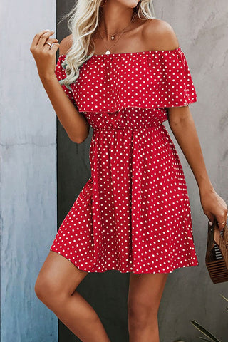 Polka Dot Off Shoulder Dress - Red