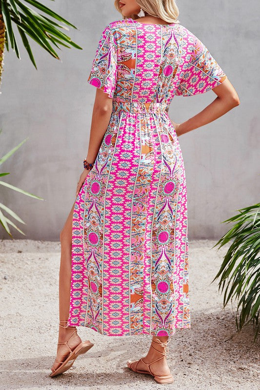 boho maxi dress pink Women's Ivory & Pink Floral Boho Puff Sleeve Maxi Dress