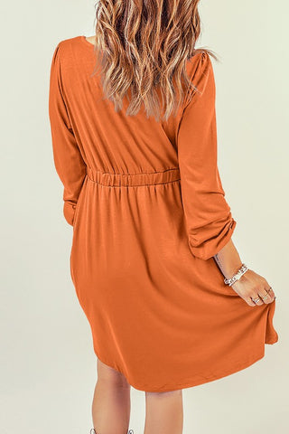 Button Up Long Sleeve Dress - Orange