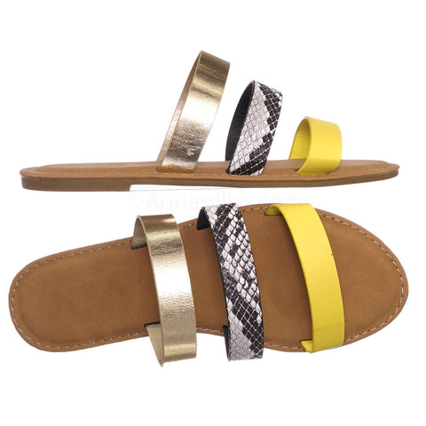 Triple Strap Colorful Summer Sandals - Yellow, Gold, and Snake