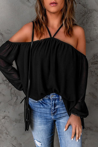 Halter Style Cold Shoulder Top - Black