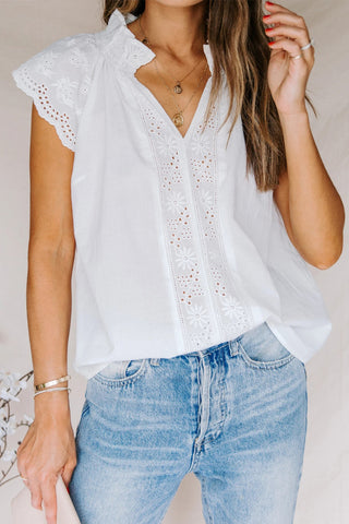 Embroidered Eyelet Cap Sleeve Top - White