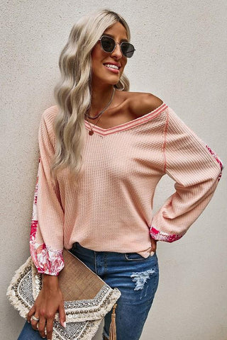 Contrast Sleeve Thermal Top - Pink