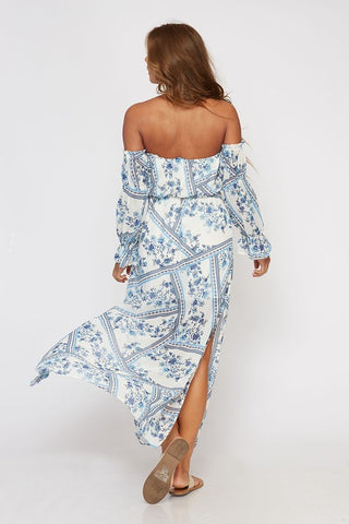 Off Shoulder Blue Floral Maxi Dress