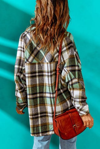 Flannel Plaid Button Up Shacket with Pockets - Green
