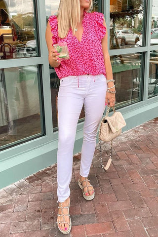 V-Neck Leopard Print Top - Gray