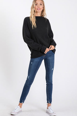 Off Shoulder Waffle Weave Top - Black