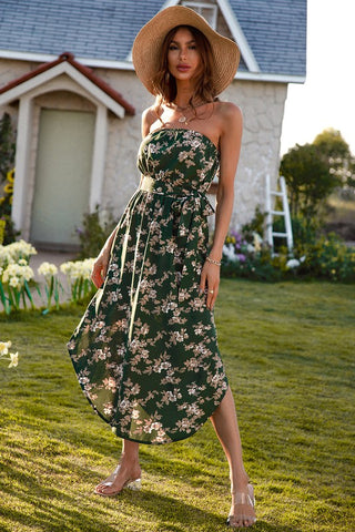 Strapless Floral Maxi Dress - Green