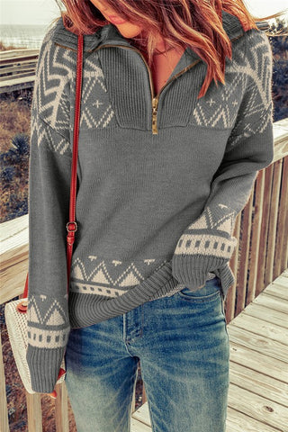Aztec Zip Up Sweater - Gray