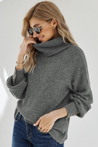 Turtleneck Sweater with Button Detail - Gray