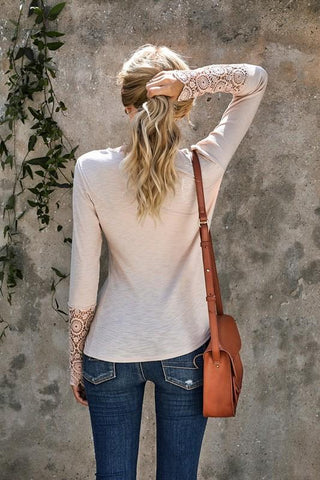 Crochet Sleeve Henley Top - Beige