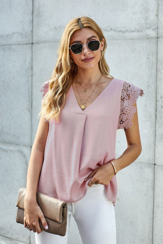 Lace Sleeve V-Neck Top - Pink