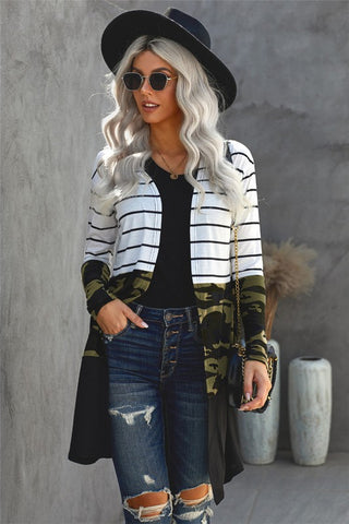 Long Striped Color Block Cardigan - Camo