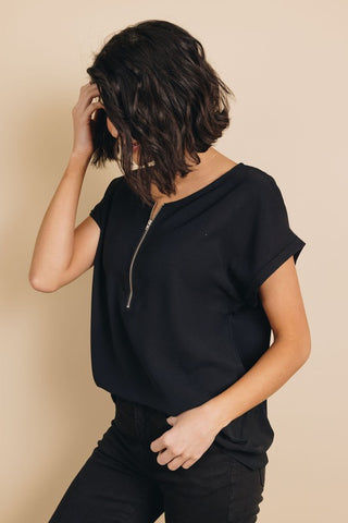 Short Sleeve Zip Up Top - Black