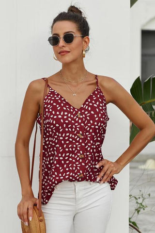 V-Neck Spaghetti Button Up Strap Top - Red