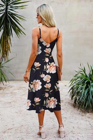 Belted Midi Dress - Black with Pink Flowers