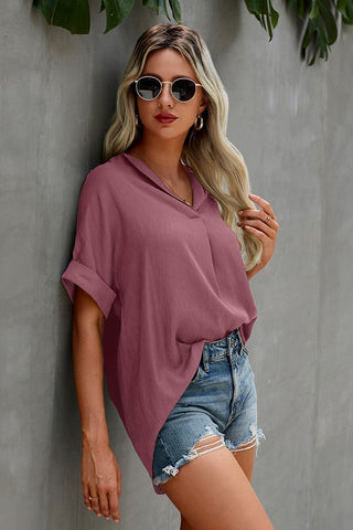 Linen Feel V-Neck Top - Pink