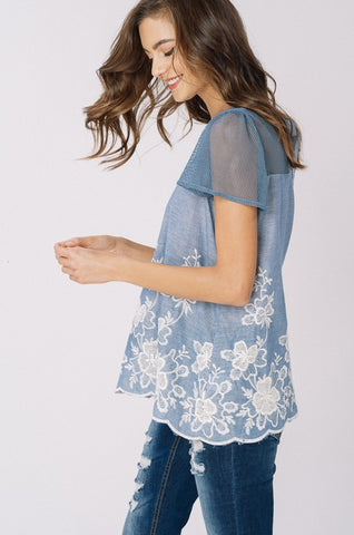 Embroidered Floral Top - Blue