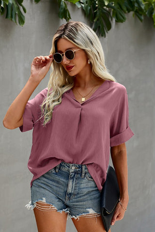 Linen Feel V-Neck Top - Pink