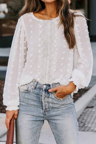 Swiss Dot Lantern Sleeve Top - White