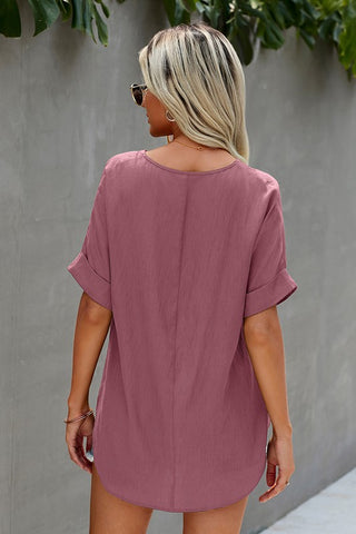 Linen Feel V-Neck Top - Pink