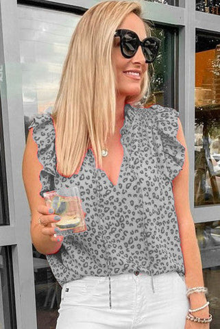 V-Neck Leopard Print Top - Gray