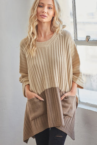 Sweater Poncho with Pockets - Natural and Taupe